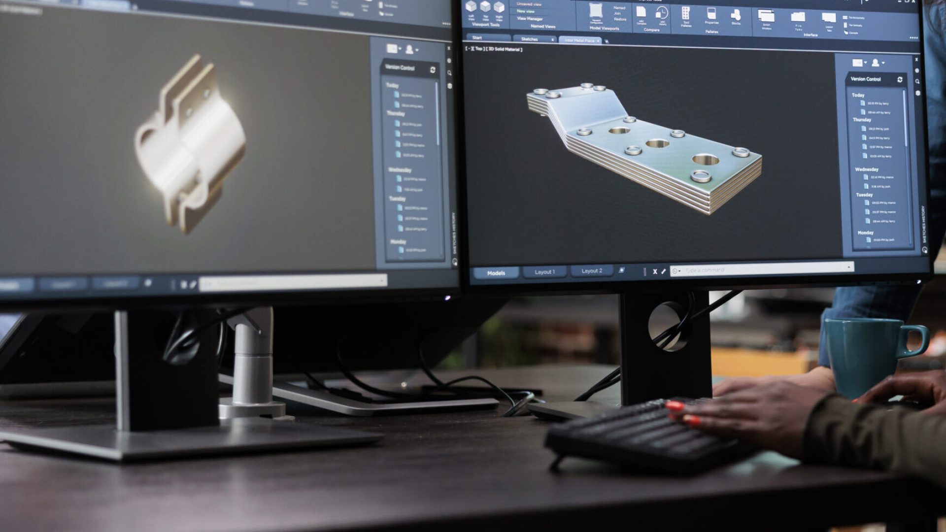 3D graphic artists sketching mechanical asset using advanced software technology. Modeling expert optimising polygon count and geometry mesh in order to improve visual quality.